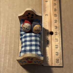 Vintage Miniature Handcrafted Wooden Doll Bed with Floral Design